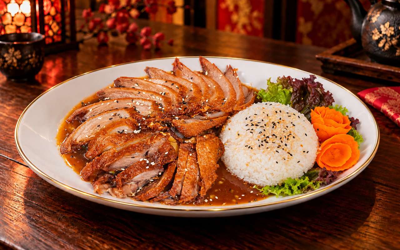 Knusprige Ente mit Reis, Teriyaki-Soße und Gemüse
