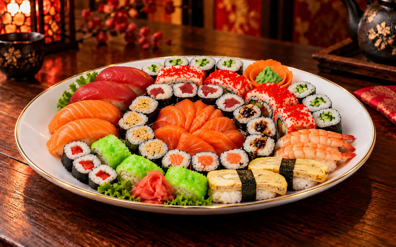 Box 12 mit Sashimi, Maki, Inside-Out Rolls und Nigiri