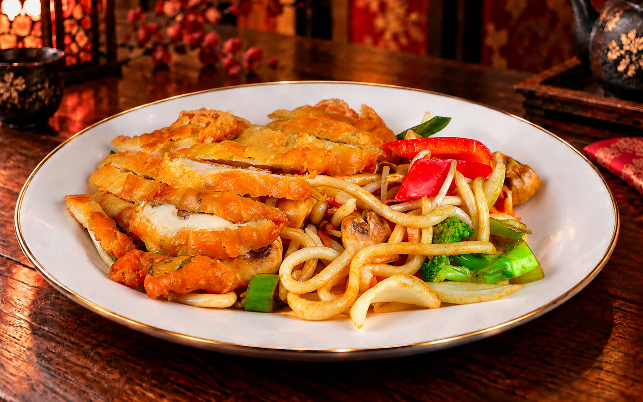 Gebratene Udon-Nudeln mit knusprigem Hähnchen und Gemüse